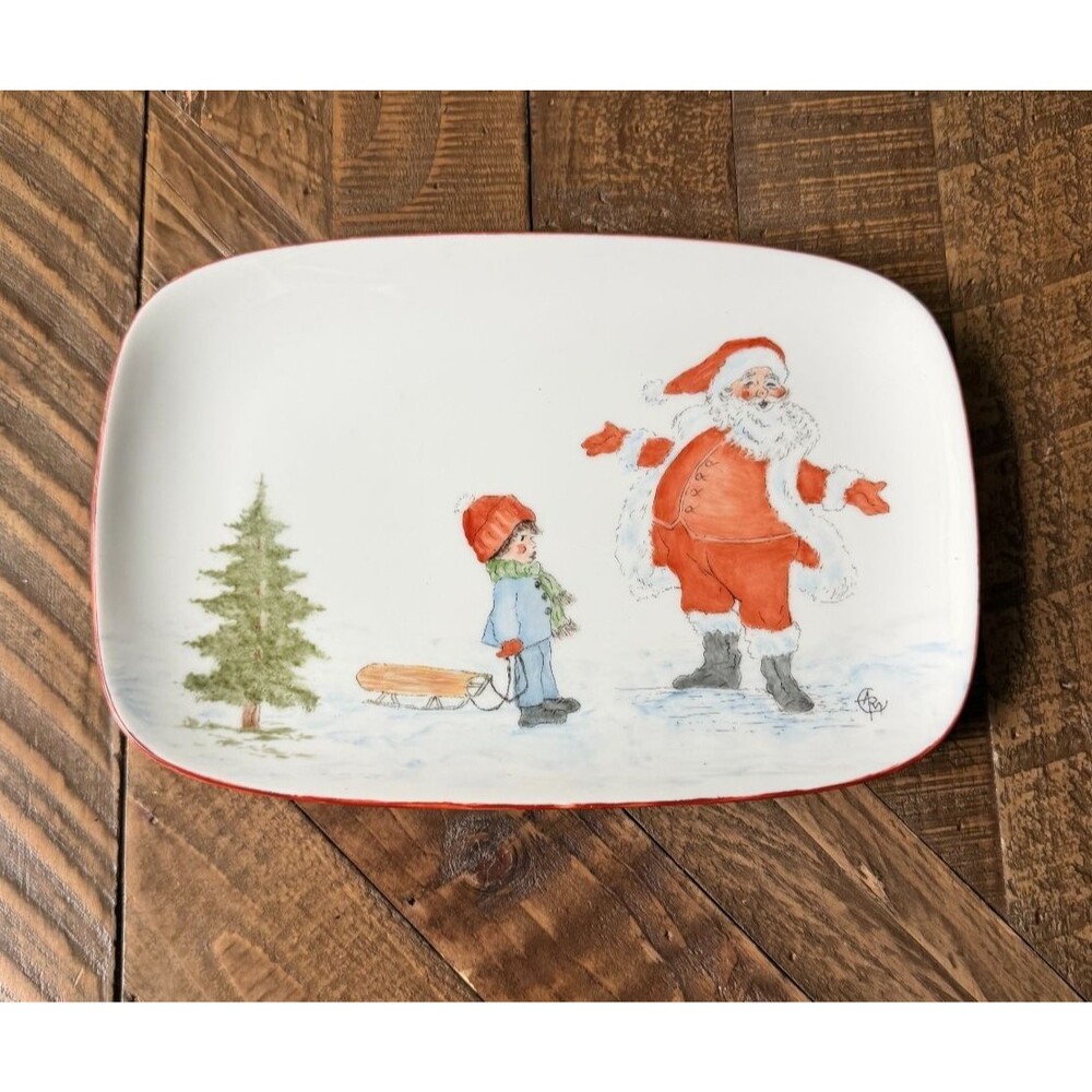 Hand Painted Ceramic Christmas Santa 10” Platter Whimsical Plate Sledding Tree